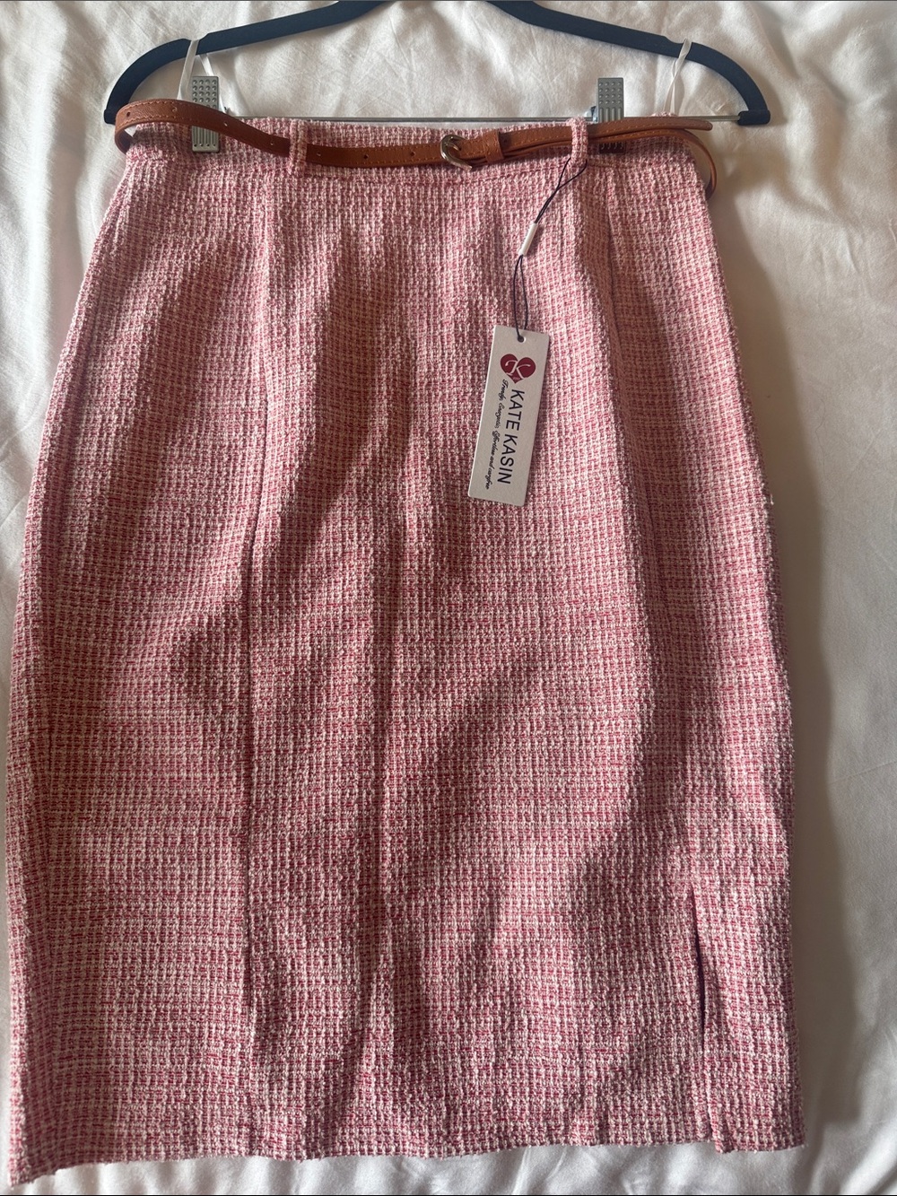 Kate Kasin Pink Tweed Pencil Skirt with Belt